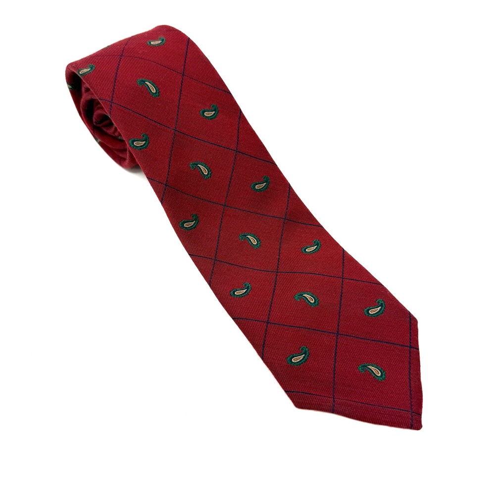 Carl Sterr Red Green Paisley‎ Silk Wool Hand-Made Necktie Woven in England